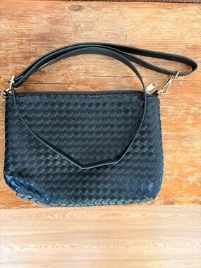 Jilly Box x Gray Haus Woven Black Leather Crossbody Bag with Adjustable Strap